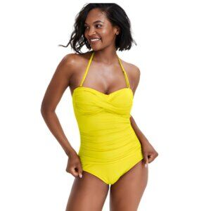 Anne Cole Twist Front Ruched One Piece Swimsuit Citron Yellow Size 14 NWT